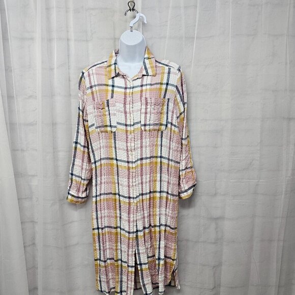 Pink Yellow Plaid Button Down Midi Shirt Dress Tunic Preppy Boho M - Picture 13 of 13